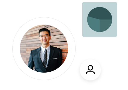 Business expert in a suit with emphasizing icons