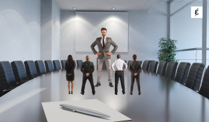Business leaders in a boardroom with one oversized executive facing smaller colleagues