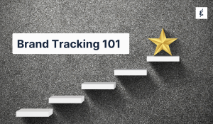 Brand Tracking 101 text on a gray staircase background leading up to a gold star.