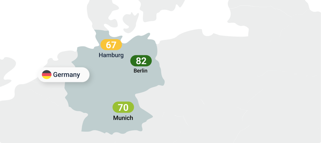 Stakeholder Tracker map visualizing regional differences in stakeholder perception across major cities in Germany, supporting location-based reputation and engagement analysis.