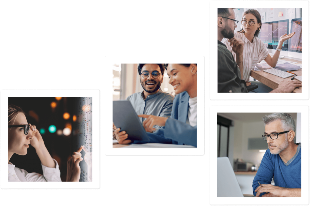 Four photos of professionals analyzing data, collaborating on tablets and computers, and working online.