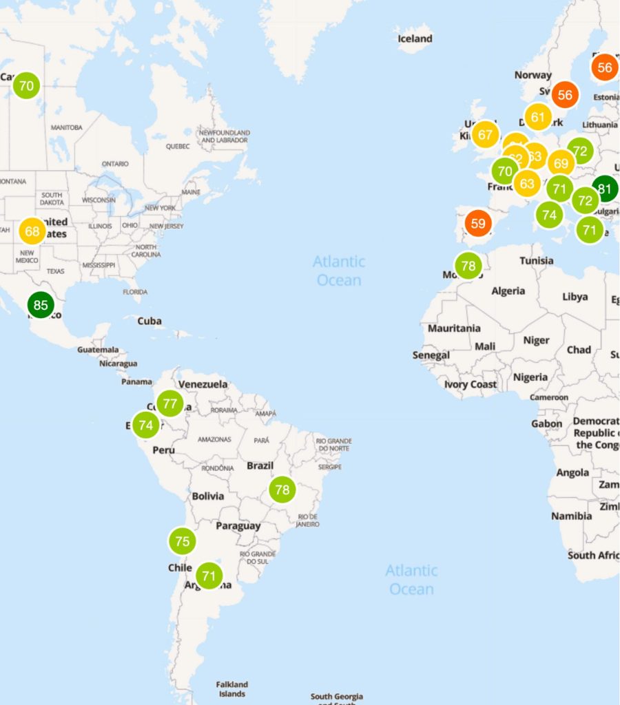 Caliber map view showing stakeholder sentiment scores across European countries